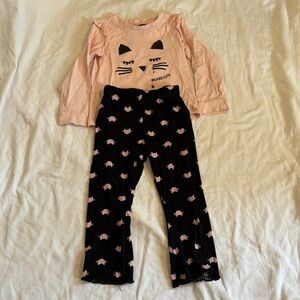 Kids Pink Cat Face Long Sleeve Top & Black Patterned Pants Matching Set